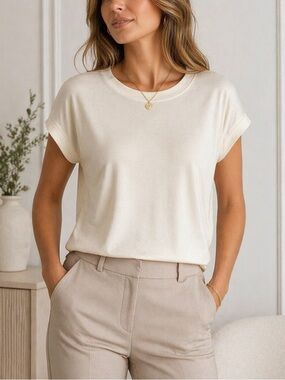 Marc Aurel Ivory Cream Modal Blend Short Sleeve Top Rhinestone Logo Detail S